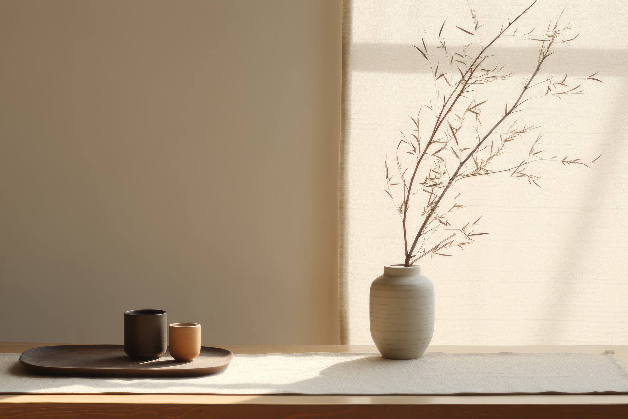 kompozycja Ikebana z gałązką i czarka matcha ustawione na drewnianym stole