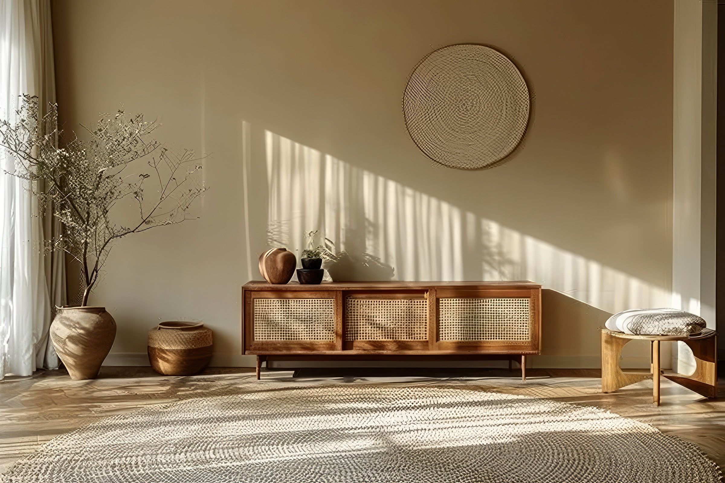 Wnętrze w stylu wabi-sabi z naturalnymi materiałami i miękkim światłem